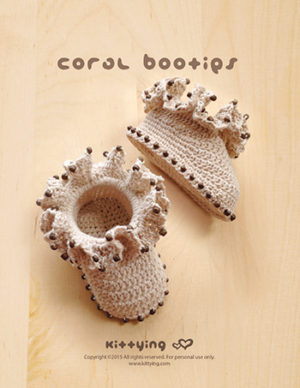 Ruffled Coral Baby Booties Crochet Pattern by Crochet Pattern Kittying from Kittying.com