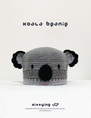 Koala Beanie Crochet PATTERN by Crochet Pattern Kittying from Kittying.com | Koala Beanie Crochet Pattern, Koala Baby Beanie, Baby Beanie Pattern