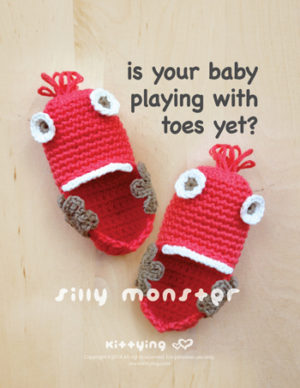 Silly Monster Baby Booties Crochet PATTERN by Crochet Pattern Kittying from Kittying.com